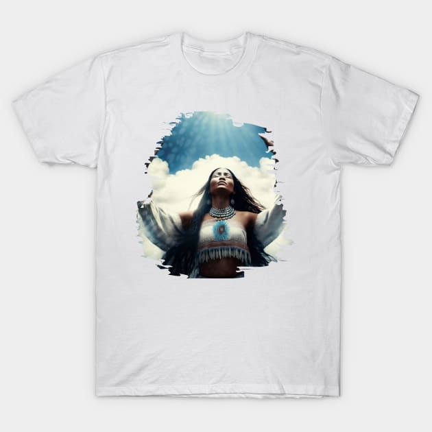 Beautiful Native American woman; boho; women; spiritual; mediation; light; awakening; beautiful; ritual; heavens; sky; meditate; spirtuality; T-Shirt by Be my good time